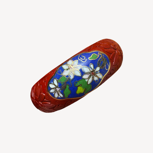 Vintage Chinese Cinnabar & Cloisonné Bracelet – Floral Carving on Brass