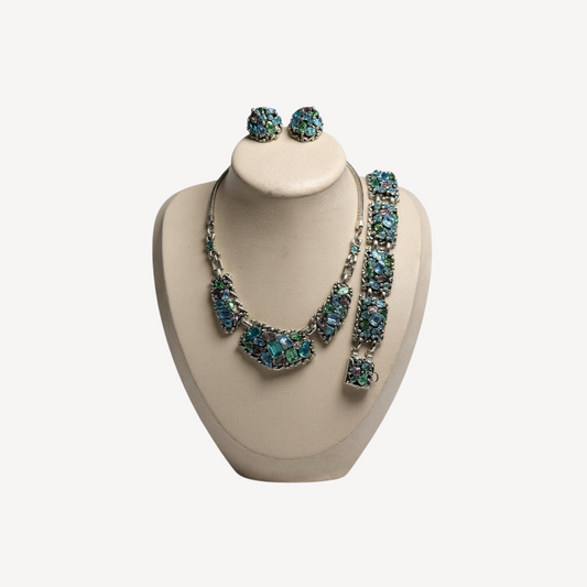 Vintage Signed Barclay Uranium Rhinestone Parure – Hollywood Regency Necklace, Bracelet & Earrings Set