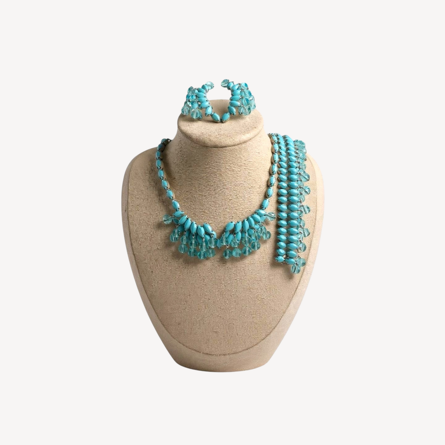 Vintage 1950s Signed Weiss Aqua Opaline Rhinestone Parure – Necklace, Bracelet & Earrings Set