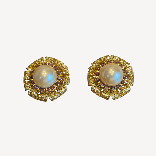 Vintage Gold Filigree Clip-On Earrings – Faux Pearl & Purple Crystal Accents