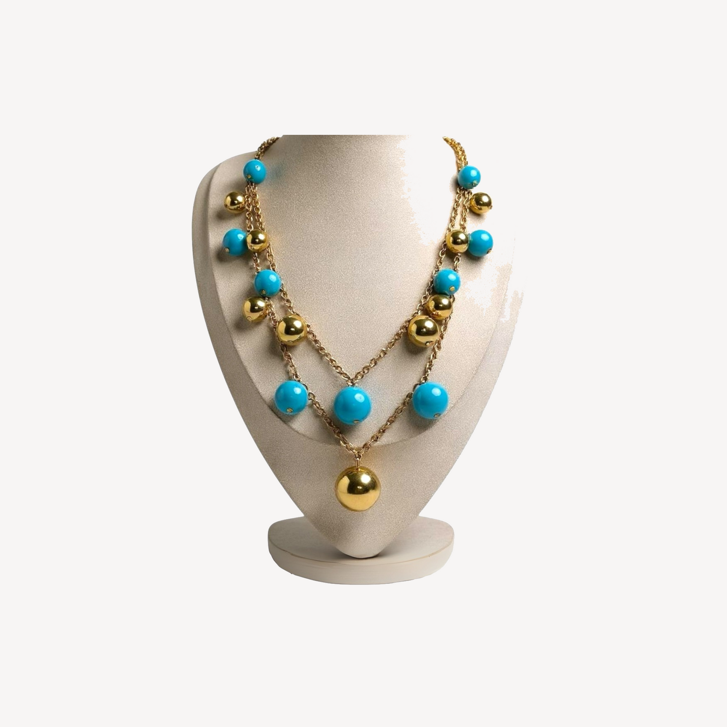 Signed KJL turquoise and gold tone orb necklace – bold double strand statement