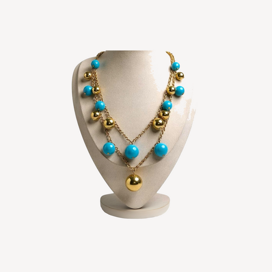 Signed KJL turquoise and gold tone orb necklace – bold double strand statement