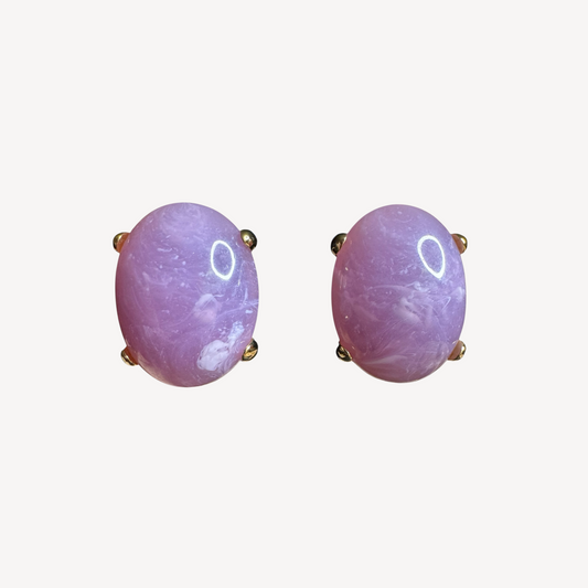 Vintage 1980s Joan Rivers Clip-On Earrings – Marbled Purple Lucite Oval with Gold-Tone Setting
