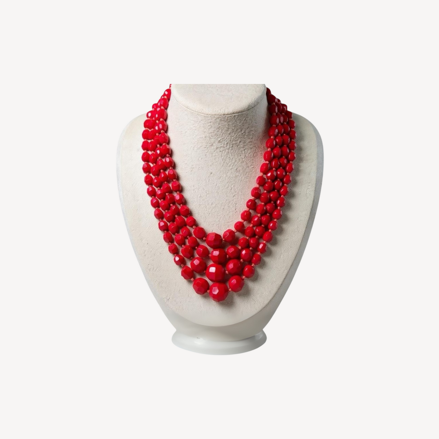 Vintage made in Germany four strand red faceted glass bead necklace – graduated mid-century statement jewelry