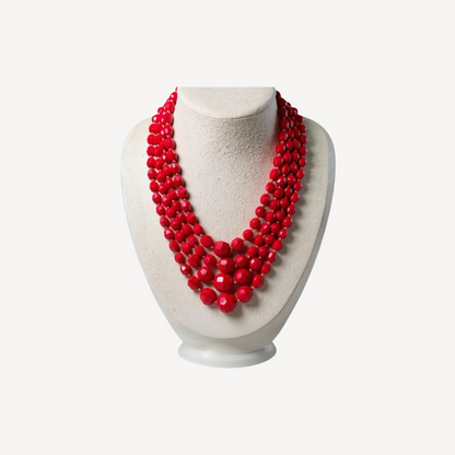 Vintage made in Germany four strand red faceted glass bead necklace – graduated mid-century statement jewelry