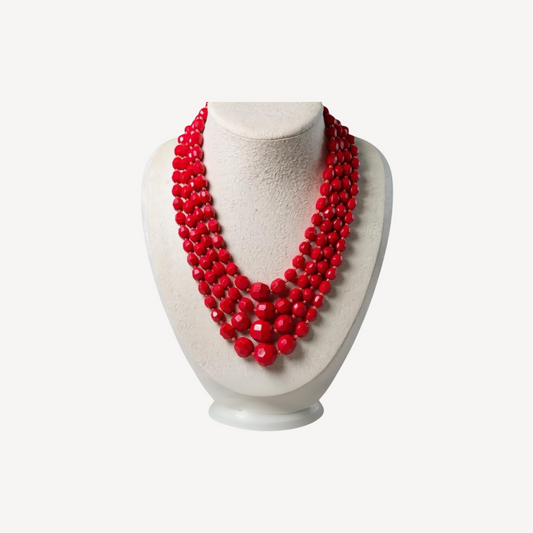Vintage made in Germany four strand red faceted glass bead necklace – graduated mid-century statement jewelry