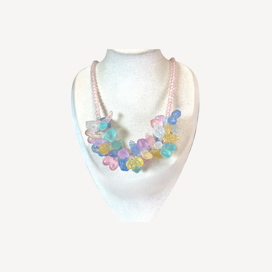 Vintage 1950s fruit salad necklace – frosted pastel plastic fruit clusters on pink beads