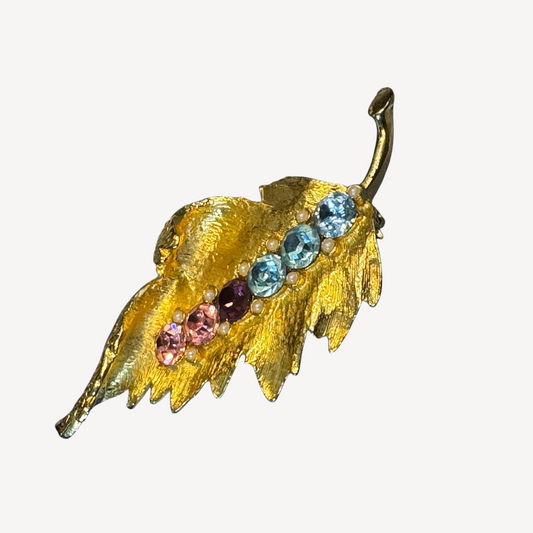 Vintage Gold Tone Leaf Brooch with Colorful Rhinestones and Faux Pearls