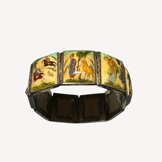 Antique 1920s Persian Silver Storybook Bracelet with Miniature Folk Art Paintings