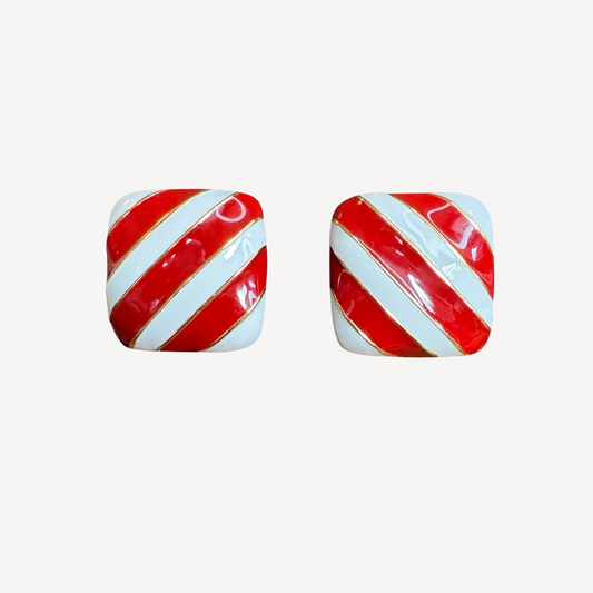 Vintage 1980s Red and White Enamel Candy Stripe Clip-On Earrings – Gold Tone Retro Style