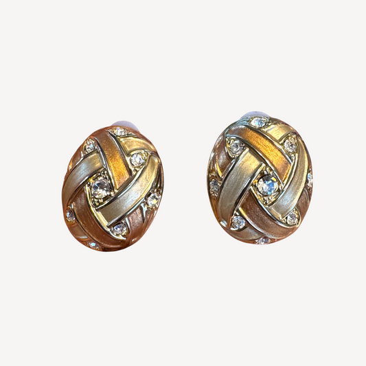 Vintage 1990s Carucci Brushed Gold & Rose Gold Oval Clip-On Earrings with Rhinestones