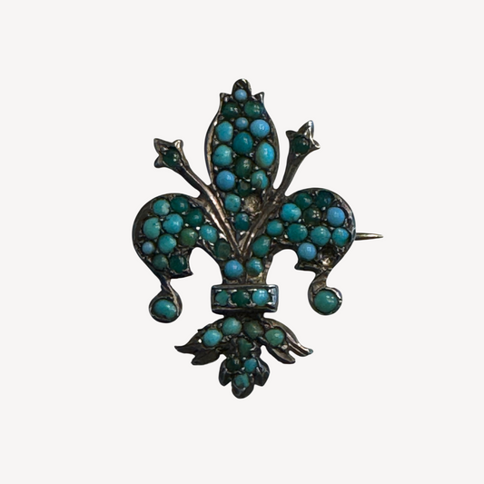 Antique Silver Fleur-de-Lis Brooch with Persian Turquoise – 800 Silver Marked, 19th Century