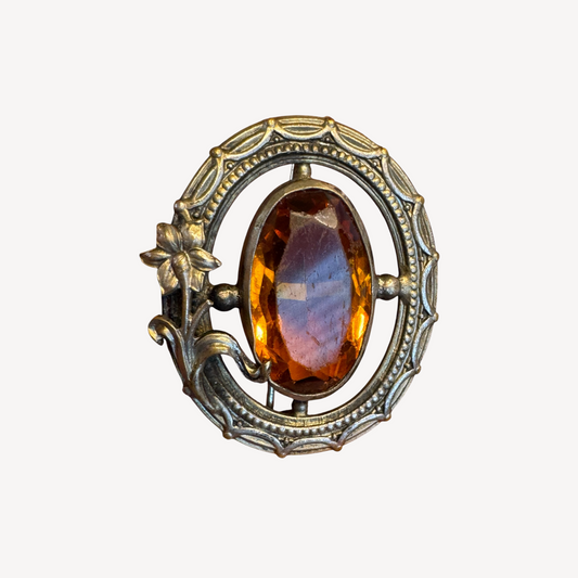 Vintage Art Nouveau Style Amber Glass Brooch – Floral Brass Tone Oval Pin, 1920s–1930s