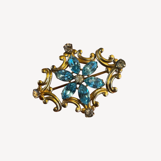 Vintage Simmons Blue Rhinestone Scroll Brooch – 1940s Floral Motif in Gold Tone