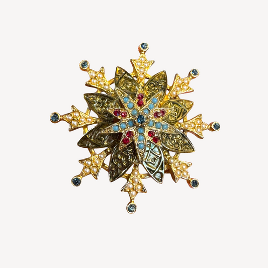 Vintage Signed ART Layered Gold-Tone Filigree Brooch – Faux Pearls, Turquoise Cabochons & Red Rhinestones