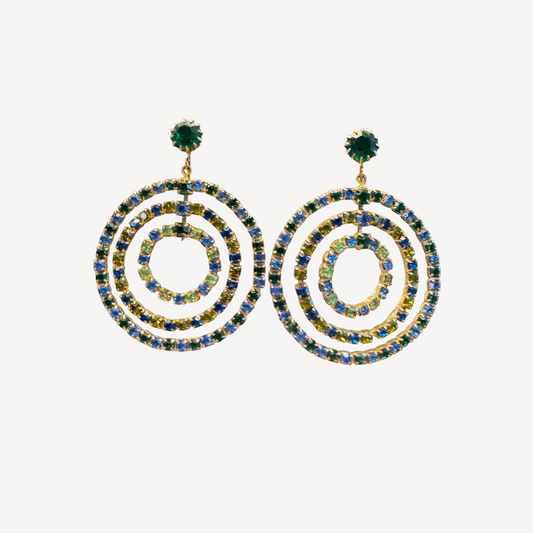 Vintage Green & Blue Rhinestone Dangle Clip-On Earrings – Uranium Glass & Emerald Sparkle