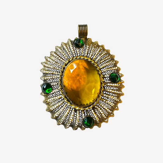 Vintage Dean Meltzer Statement Pendant – Large Openwork Design with Amber & Emerald Glass Stones
