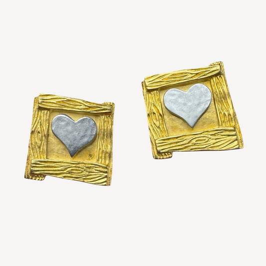 Rare Couture Karl Lagerfeld Vintage Gold Square Clip-On Earrings with Silver Heart – Signed Statement Jewelry