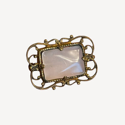 Vintage 1940s Brass Filigree Brooch with Pink Glass Cabochon – Ornate Victorian Revival Pin