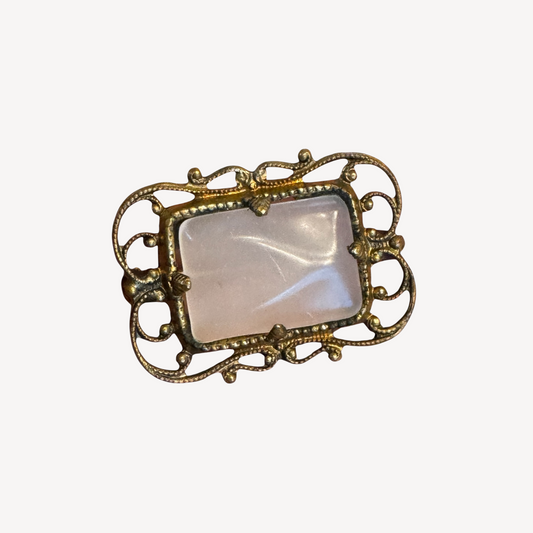 Vintage 1940s Brass Filigree Brooch with Pink Glass Cabochon – Ornate Victorian Revival Pin