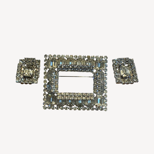 Vintage Mid-Century Rhinestone Brooch & Earrings Set – Silver-Tone Geometric Sparkle