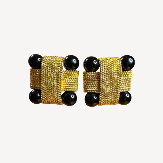 Vintage 1980s Gold Mesh & Black Lucite Clip-On Earrings – Chunky Square Statement Style