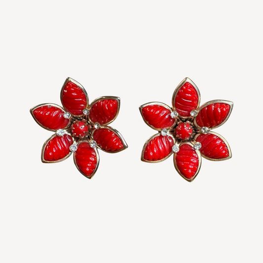 Vintage 1960s Red Lucite Flower Clip-On Earrings – Rhinestone &amp; Gold-Tone Petal Design