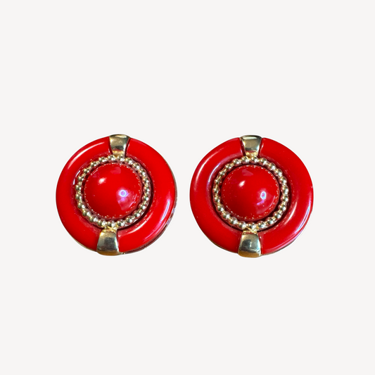Vintage 1980s Red Lucite & Gold Medallion Clip-On Earrings – Bold Button Statement Jewelry