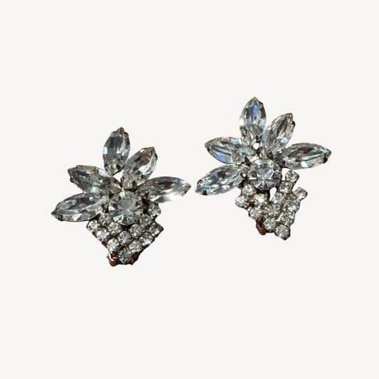 Vintage 1950s Clear Rhinestone Fan Clip-On Earrings – Navette & Round Silver-Tone Design