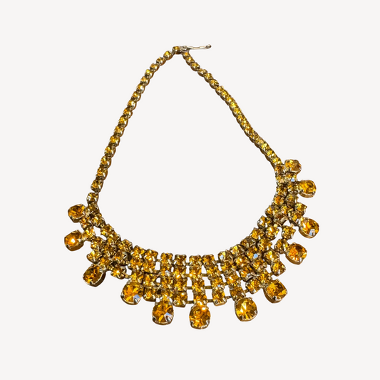 Vintage Citrine Rhinestone Bib Necklace – Mid-Century Runway Statement Choker in Golden Yellow