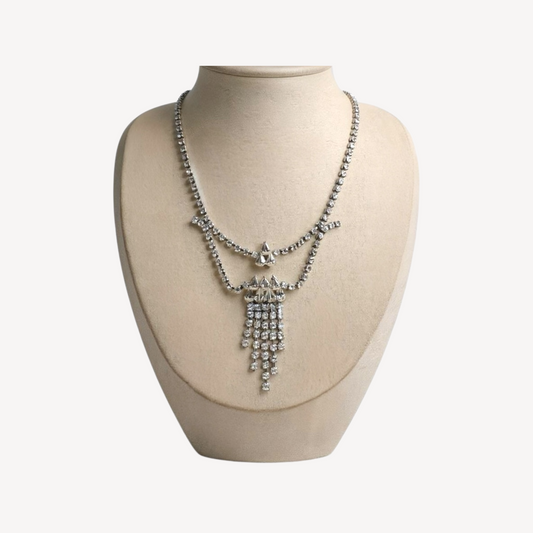 Vintage Double Layer Crystal Rhinestone Necklace – Silver-Tone Art Deco Style with Tiered Fringe Drop