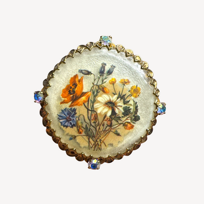Vintage German Floral Lucite Brooch with AB Rhinestones – Filigree Brass