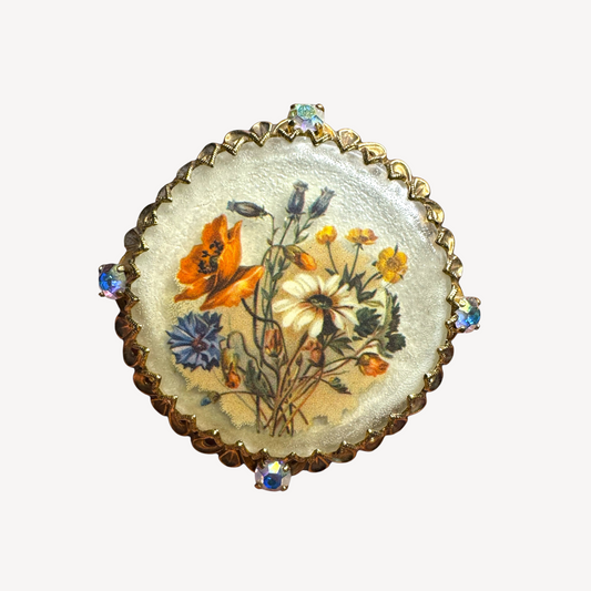 Vintage German Floral Lucite Brooch with AB Rhinestones – Filigree Brass