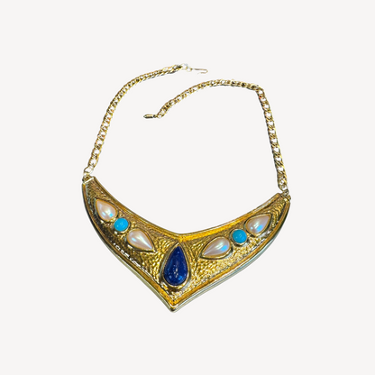 1970s Avon Etruscan Revival Collar Necklace – Gold-Tone V Design with Faux Pearls, Turquoise & Blue Cabochons