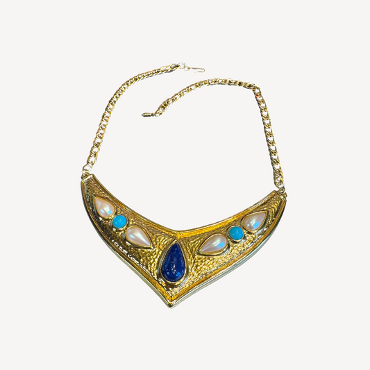 1970s Avon Etruscan Revival Collar Necklace – Gold-Tone V Design with Faux Pearls, Turquoise & Blue Cabochons