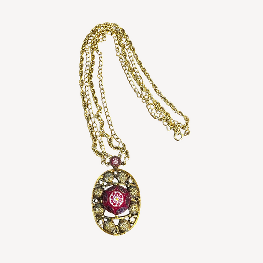Vintage Delizza and Elster for Celebrity NY Pendant Necklace – Gold-Tone Filigree with Moroccan-Style Glass & Double Chain