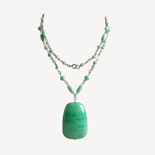 Vintage 1930s Czech Seafoam Glass Pendant Necklace – Signed Czechoslovakiakl.