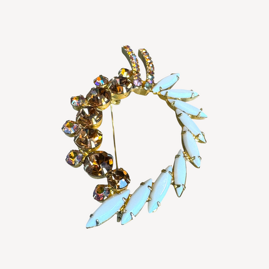 Vintage Wreath Brooch with White Navettes and AB Rhinestones – Mid-Century Costume Jewelry