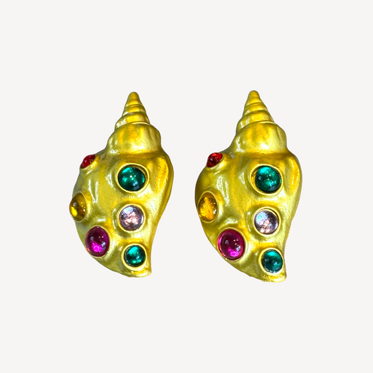 Runway-Inspired Gold-Tone Shell Statement Earrings with Multicolor Cabochons – Post Backs