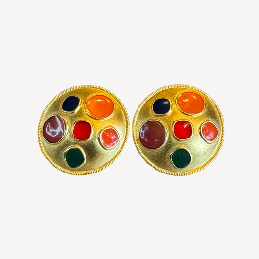 Vintage Anne Klein Round Clip-On Earrings – Multicolor Lucite Cabochons on Original Card