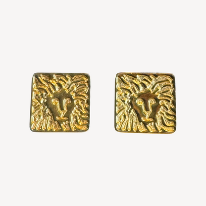Vintage Anne Klein Gold-Tone Lion Face Clip-On Earrings – Bold Abstract Square Design