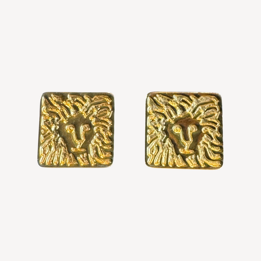 Vintage Anne Klein Gold-Tone Lion Face Clip-On Earrings – Bold Abstract Square Design