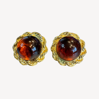 Vintage Amber Lucite Cabochon Clip-On Earrings – Braided Gold-Tone Frame