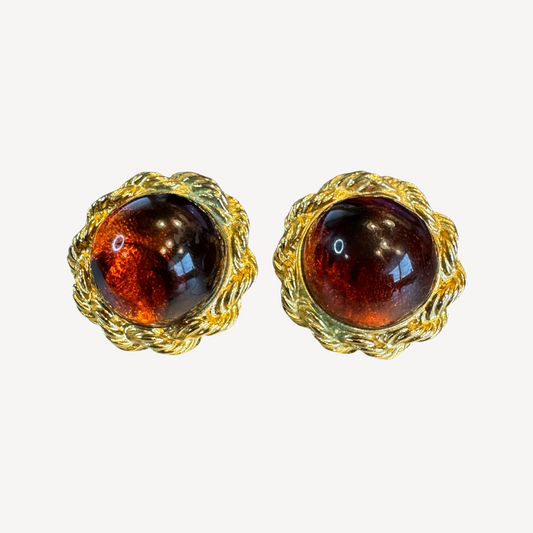Vintage Amber Lucite Cabochon Clip-On Earrings – Braided Gold-Tone Frame