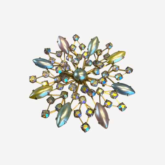 Vintage 1950s Aurora Borealis Starburst Brooch – Pastel Navette Glass & Rhinestones