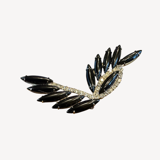 Vintage Black Navette & Rhinestone Leaf Brooch – Mid-Century Silver Tone Statement Pin
