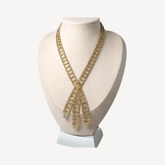 Vintage Juliana-Style Rhinestone Tie Necklace – Filigree Hearts & Crystal Fringe
