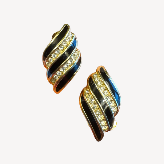Vintage Christian Dior Couture Black Enamel & Crystal Clip-On Earrings – Signed Gold-Tone Designer Jewelry