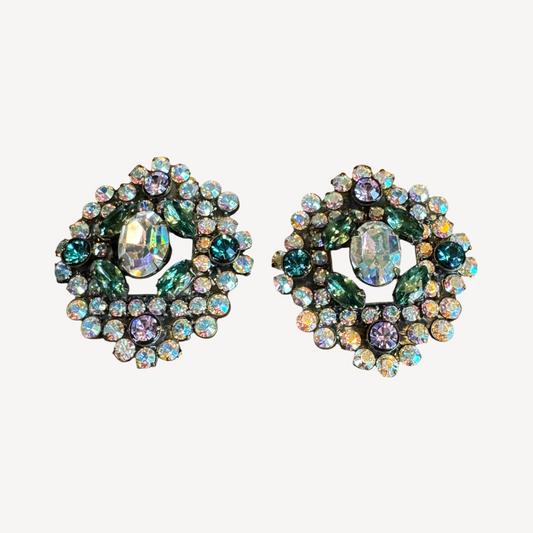 Vintage-Inspired Sorrelli Aurora Borealis Cluster Clip-On Earrings – Teal, Amethyst & Iridescent Rhinestones