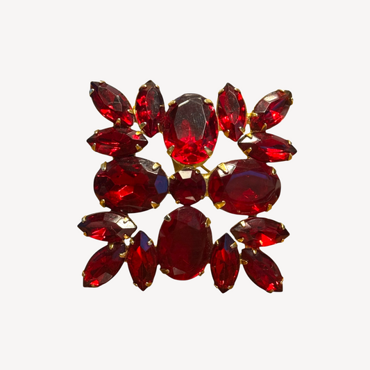 vintage ruby red glass brooch – square design, gold tone setting